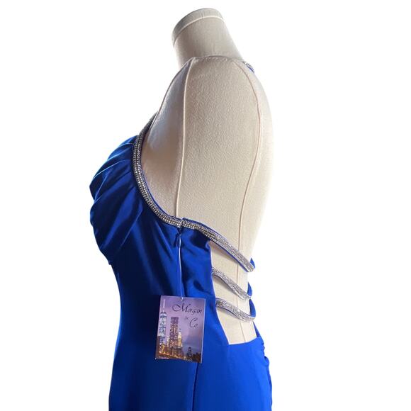 Morgan & Co Neon Royal Juniors Formal Dress NWT W Rhinestone Straps, Side Slit 9 - Picture 6 of 7